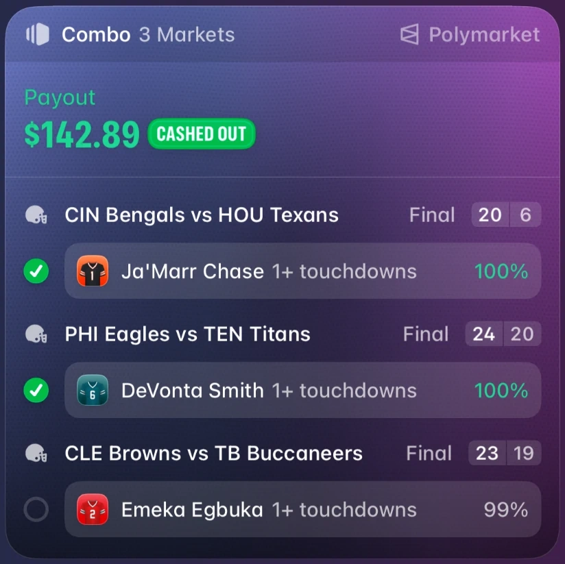 Winning slip. 3 market combo, cashed out for $142.89.
