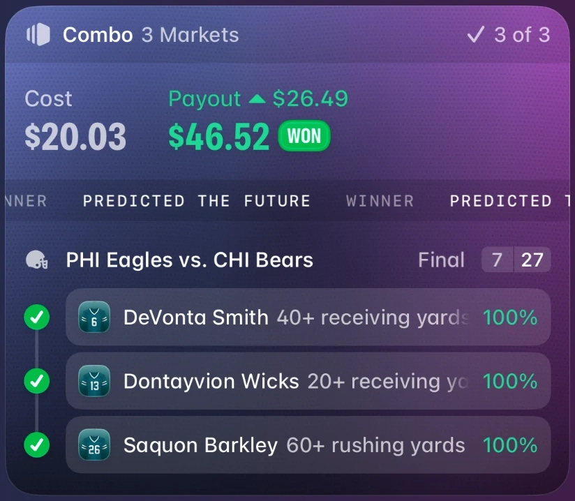 Winning slip. 3 market combo, 3 of 3. Cost $20.03, payout $46.52.