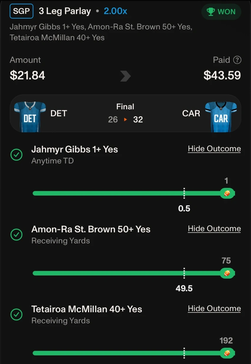 Winning slip. 3 leg same game parlay. Amount $21.84, paid $43.59.