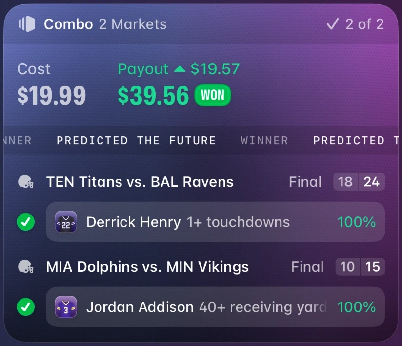 Winning slip. 2 market combo, 2 of 2. Cost $19.99, payout $39.56.