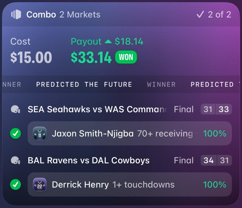 Winning slip. 2 market combo, 2 of 2. Cost $15.00, payout $33.14.