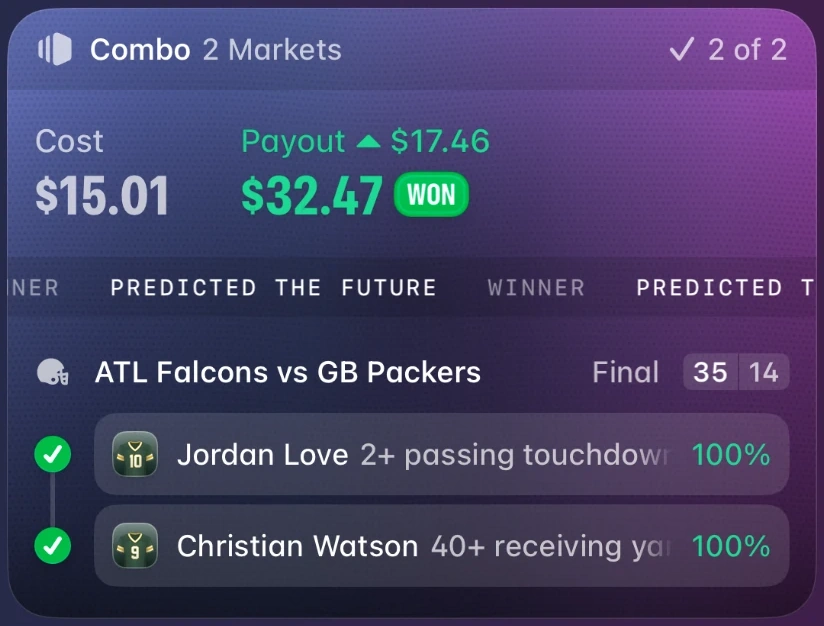 Winning slip. 2 market combo, 2 of 2. Cost $15.01, payout $32.47.