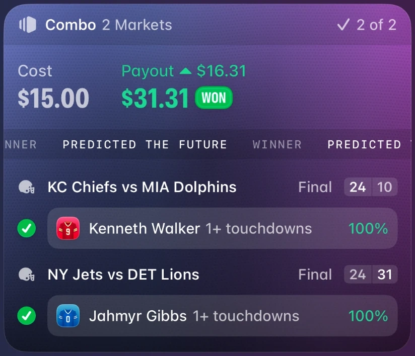 Winning slip. 2 market combo, 2 of 2. Cost $15.00, payout $31.31.