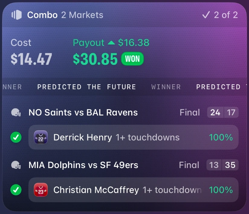Winning slip. 2 market combo, 2 of 2. Cost $14.47, payout $30.85.