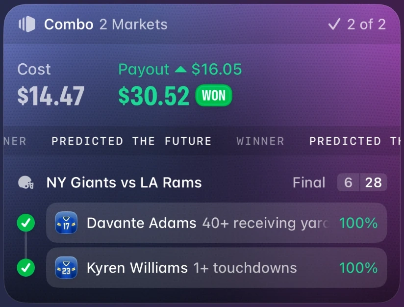 Winning slip. 2 market combo, 2 of 2. Cost $14.47, payout $30.52.