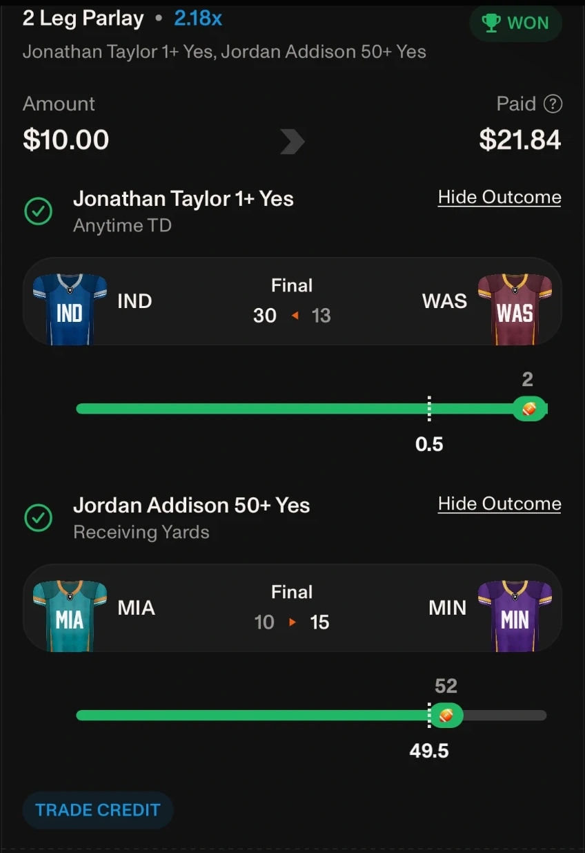 Winning slip. 2 leg parlay. Amount $10.00, paid $21.84.